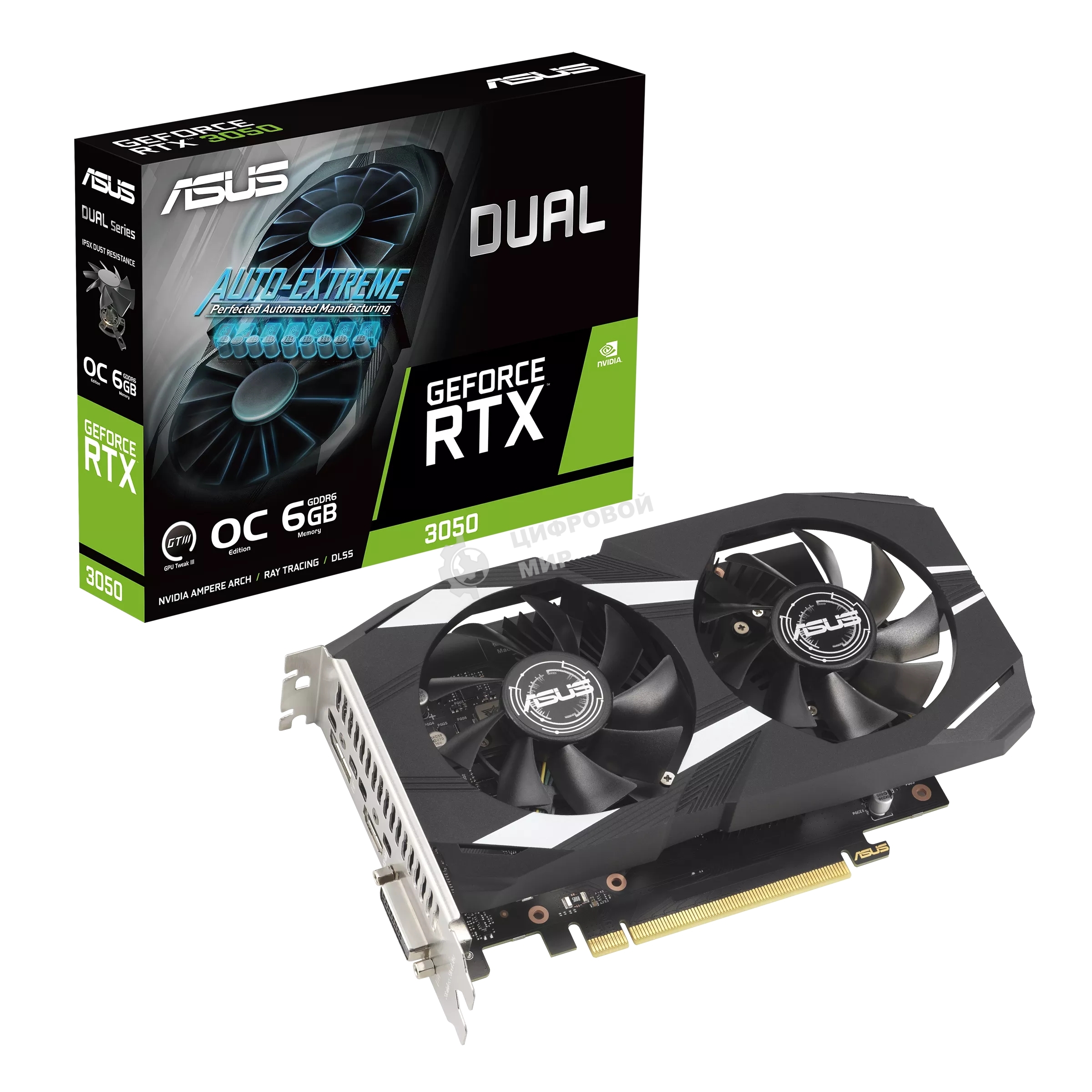Видеокарта Asus DUAL-RTX 3050-O6G NVIDIA GeForce RTX 3050 6Gb 96bit GDDR6 PCI-E 4.0 1507/14000 DVIx1 HDMIx1 DPx1 HDCP Ret