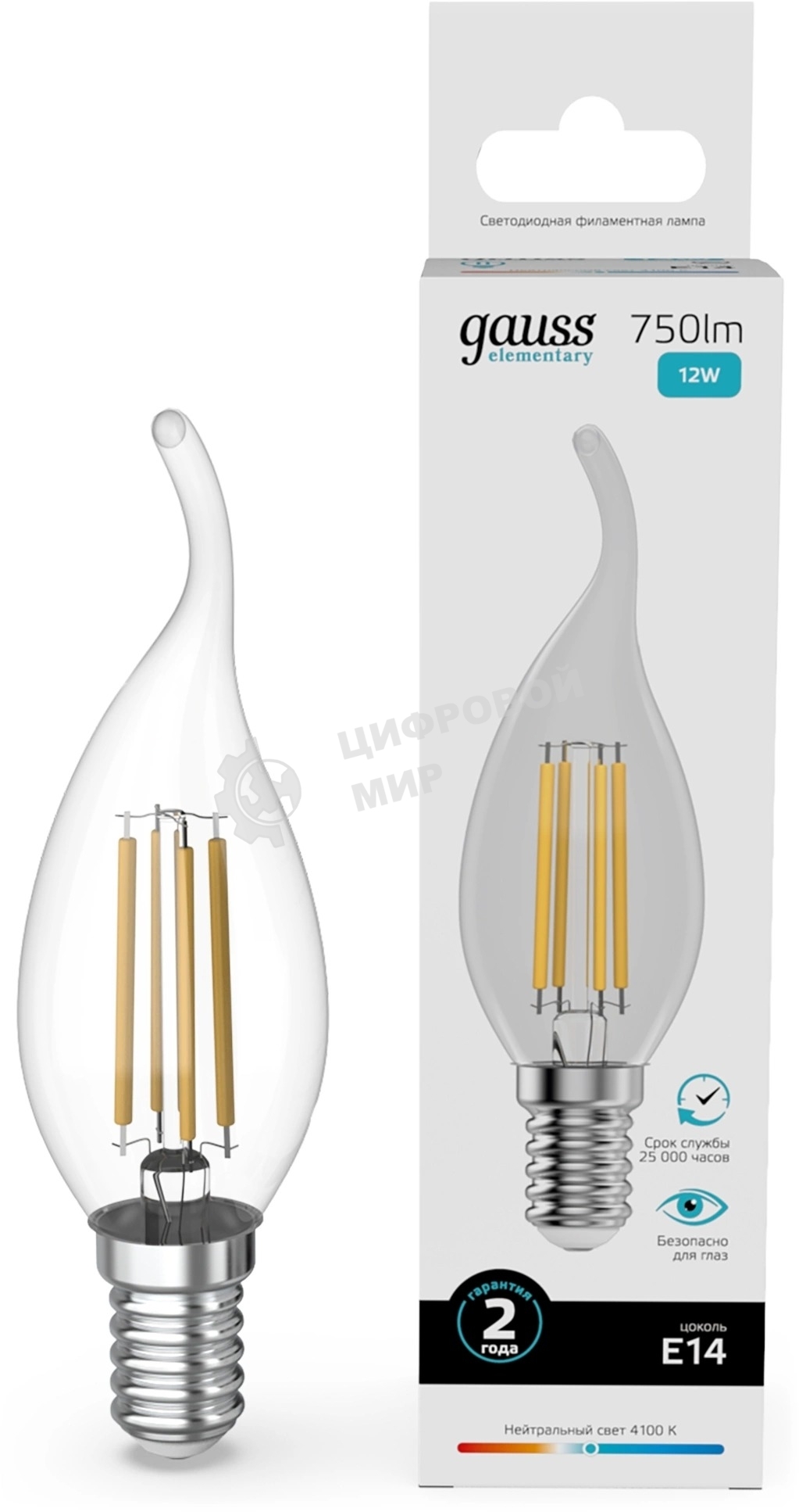 Лампа филам. Gauss Filament 12Вт цок.:E14 свеча св.свеч.бел.нейт. (упак.:10шт) (42122)