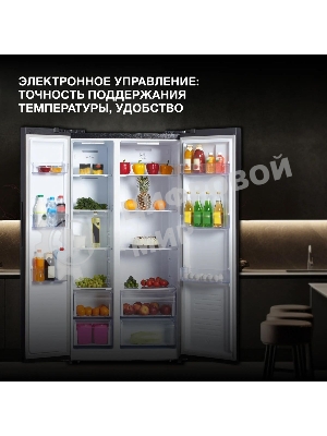 Холодильник Hyundai CS5003F черное стекло двухкамерный 331/165л морозилка сбоку, No Frost, Side by Side