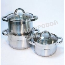Набор посуды из нержавеющей стали со стеклянными крышками Kelli KL-4246 6 пред. 16 см -2,1; 18- см-2,9; 20 см-3,9 литра. 7-ми слойное капсульное дно. Индукция