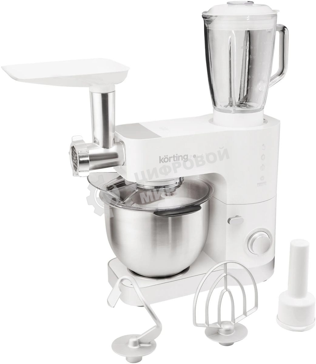 Кухонная машина Korting KKM 0105 Polar мощность 1200 Вт, 7 насадок (планетарный миксер с 3-мя насадками, мясорубка, насадка для колбас, насадка для кеббе, насадка-блендер), объем чаши 5.5 л, 8 скоростей, импульсный режим, механическое управление, белый
