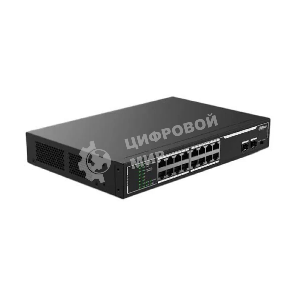 Коммутатор неуправляемый 18-портовый DAHUA DH-SF1018LP с РоЕ, 16xRJ45 100Mb PoE, 2xRJ45 1Gb, суммарно 135Вт, коммутация 7.2 Гбит/с, MAC-таблица 8К, металл