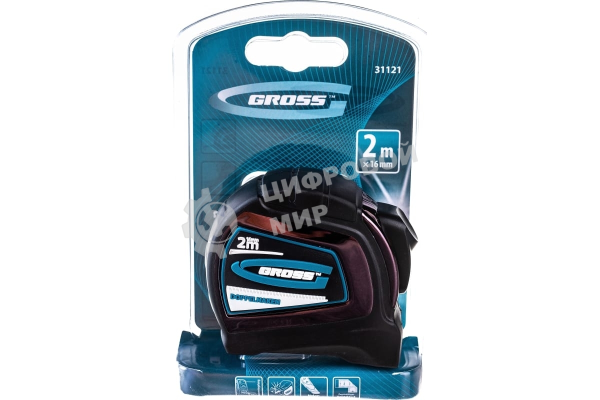 Рулетка Gross 31121''doppelhaken'' 2м x 16мм односторонний зацеп нейлон двуст. шкала автоматич
