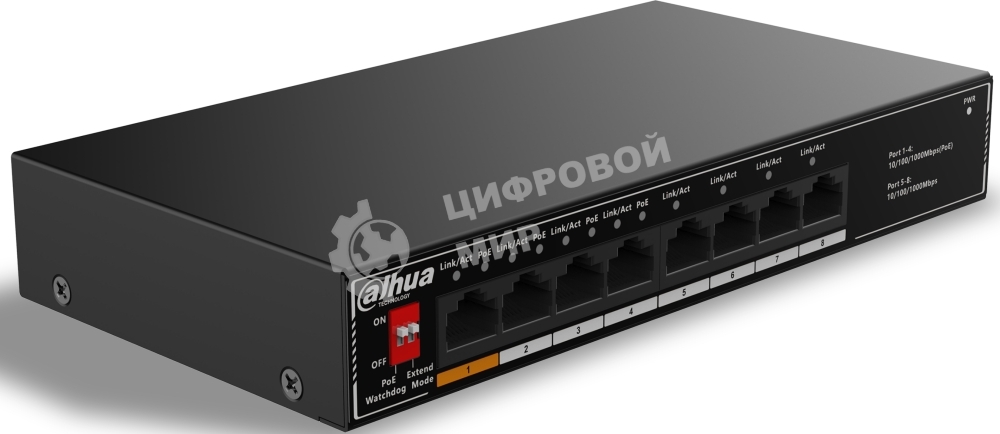 Коммутатор гигабитный 8-портовый неуправляемый c PoE Dahua DH-SG1008LP, 4xRJ45 1Gb PoE, 4xRJ45 1Gb, суммарно 60Вт, коммутация 20 Гбит/с, MAC-таблица 8K, металл