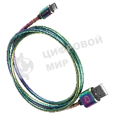 Кабель Qumo, USB 2.0-Type C, 1м, 5/9/12В, 5A, 22.5Вт (Huawei FCP и SCP), опл. металл. пружинка, кон. металл, rainbow