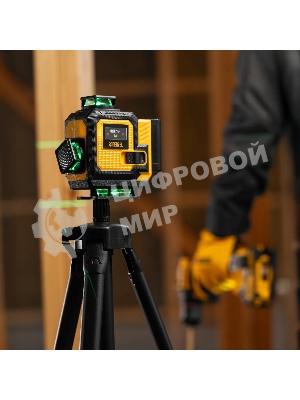 Лазерный уровень мультипризменный Denzel DLV 360-4T, 30 м, зеленый луч, Li-Ion 2,4 Aч, штатив