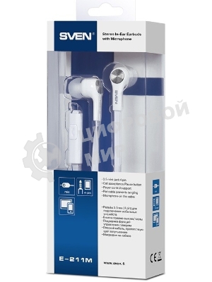 Проводные наушники Sven E-211M белый, внутриканальные, Jack 3.5 мм