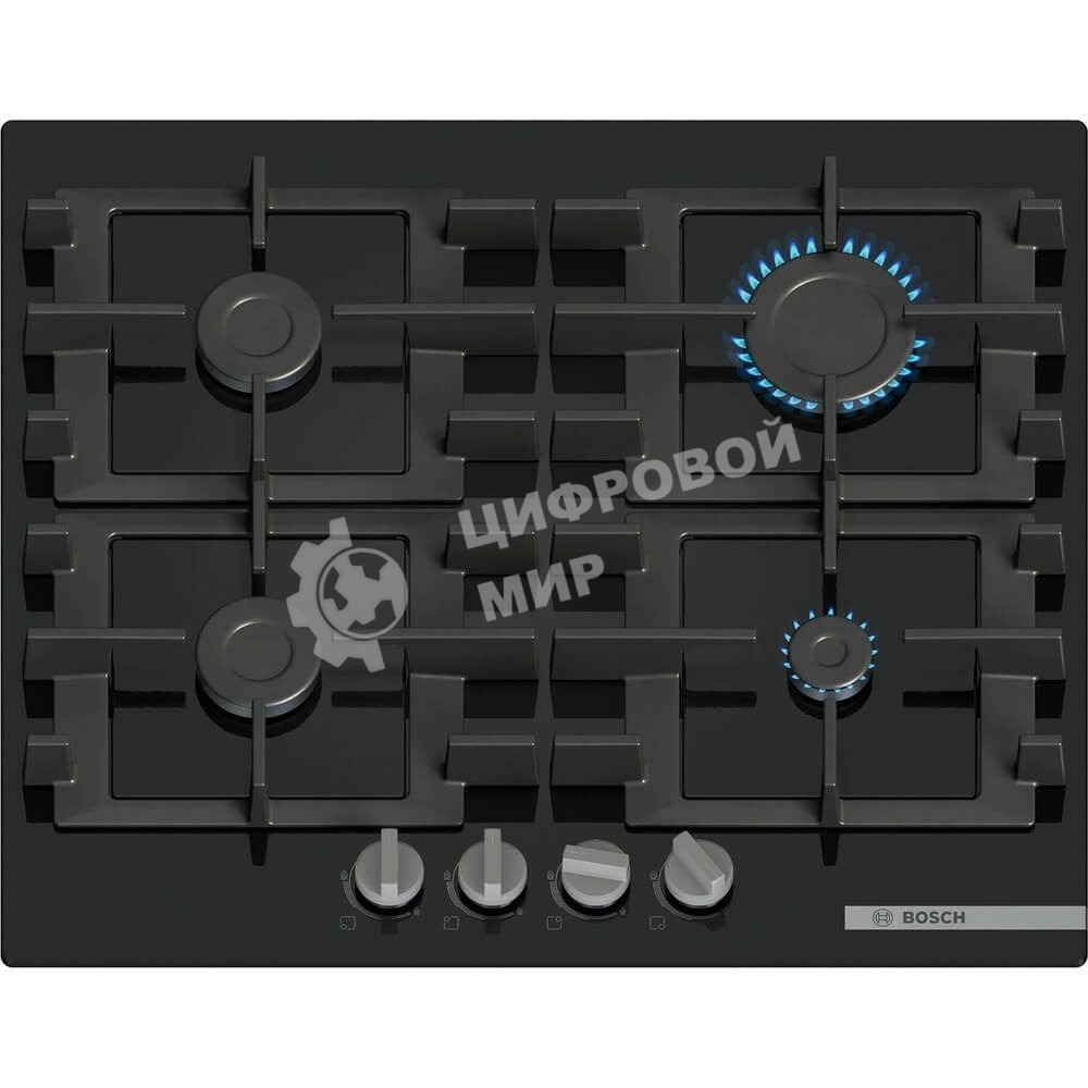 Поверхность газовая Bosch PNP6B6K40 Газ, 4.5х59x52 см, закаленное стекло, 4 конфорки, газ-контроль, автоподжиг, черный
