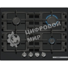 Поверхность газовая Bosch PNP6B6K40 Газ, 4.5х59x52 см, закаленное стекло, 4 конфорки, газ-контроль, автоподжиг, черный