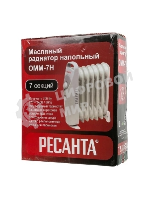 Обогреватель масляный Ресанта ОММ-7Н (7 секций) белый, 700 Вт, 10 м2, термостат 67/3/1