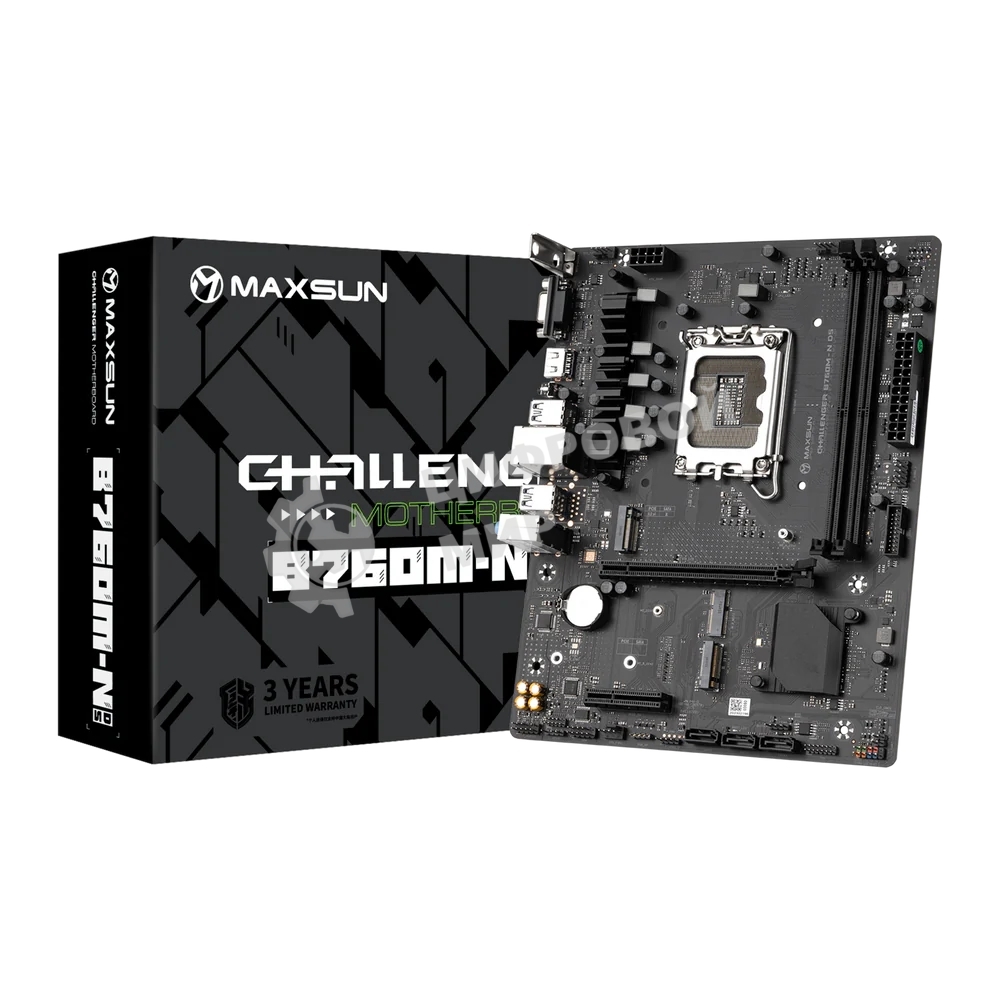 Материнская плата Maxsun Challenger B760M-N D5, LGA 1700, Intel B760, 2xDDR5, 3xSATA, 2xM.2, 1xPCIe 4.0 x16, 1xPCIe x4, 1xVGA, 1xHDMI, 1x 1Gb LAN, 2xUSB-A 2.0, 4xUSB-A 3.2 Gen 1, 5.1, mATX