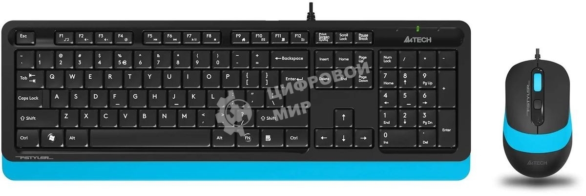 Комплект клавиатура+мышь A4Tech FStyler F1010 проводной, USB, 1600 DPI, чёрный/синий