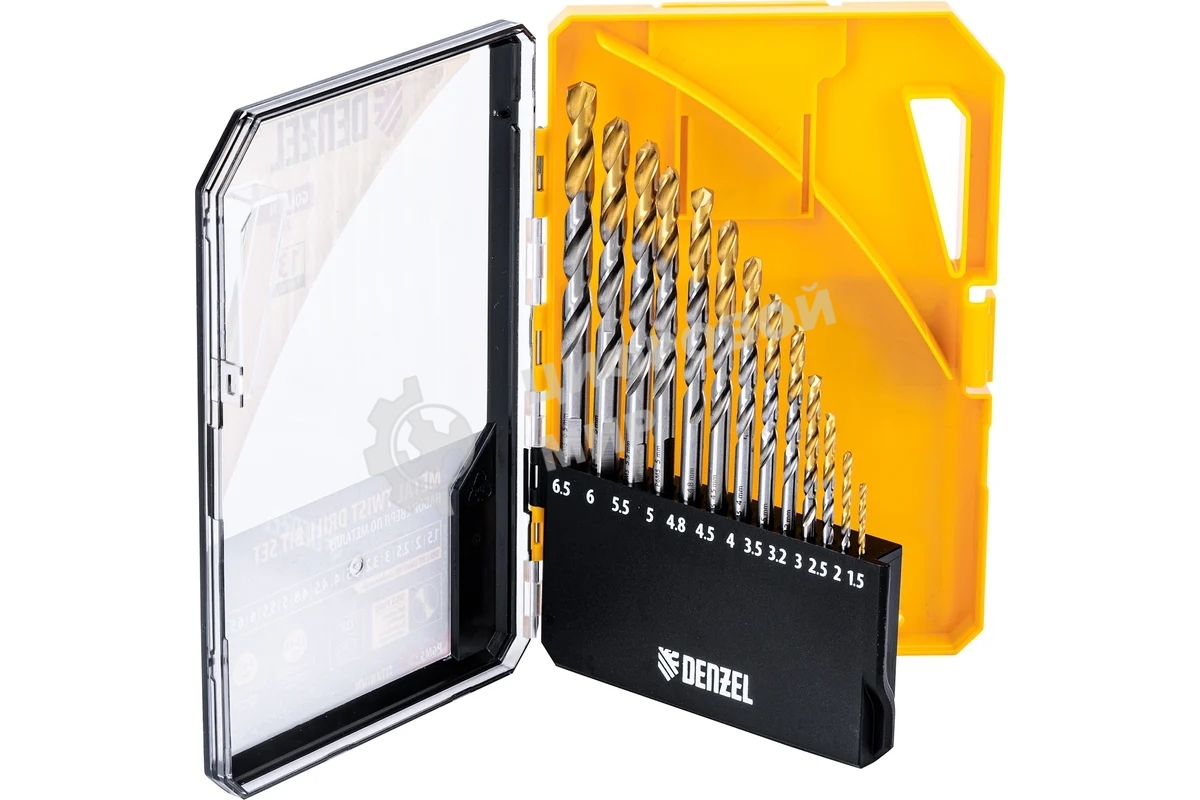 Набор сверл по металлу Denzel 1,5-6,5мм, Р6М5-TiN, Golden Tip, 13 шт