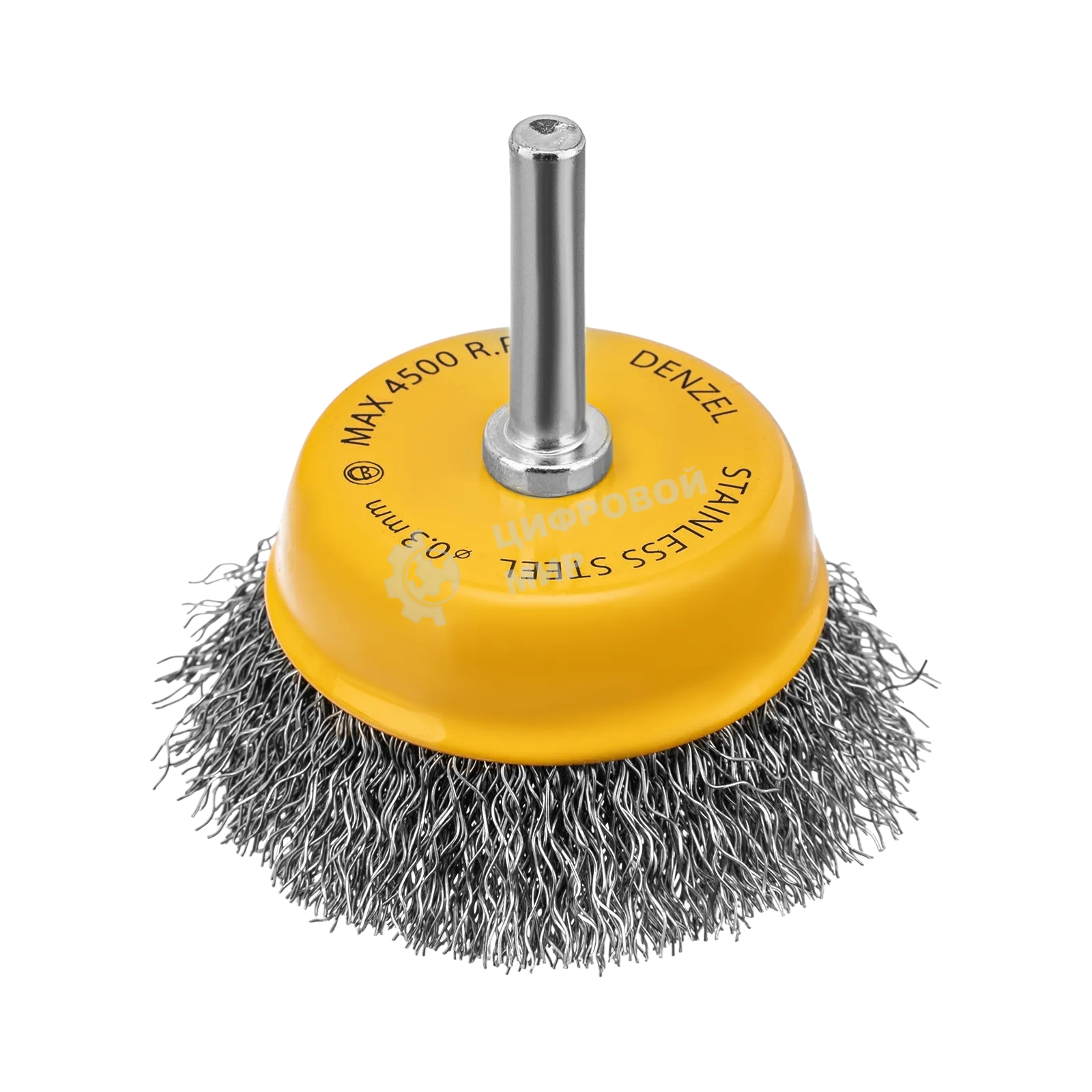 Щетка для дрели Denzel 65 мм, чашка, со шпилькой, нержавеющая витая проволока