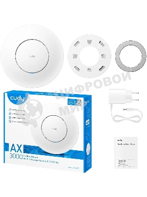 Точка доступа AX3000 Dual Band Ceiling Mount Wi-Fi 6 Access Point, Chipset MT7981, 802.11ax/ac/a/b/g/n, 2402Mbps at 5GHz + 574Mbps at 2.4GHz, 1 x 2.5G RJ45 Port, MU-MIMO, Support 12V DC or 802.3at PoE or Passive PoE, Internal Antennas, 48V passive PoE adapter included, Cudy Mesh Support