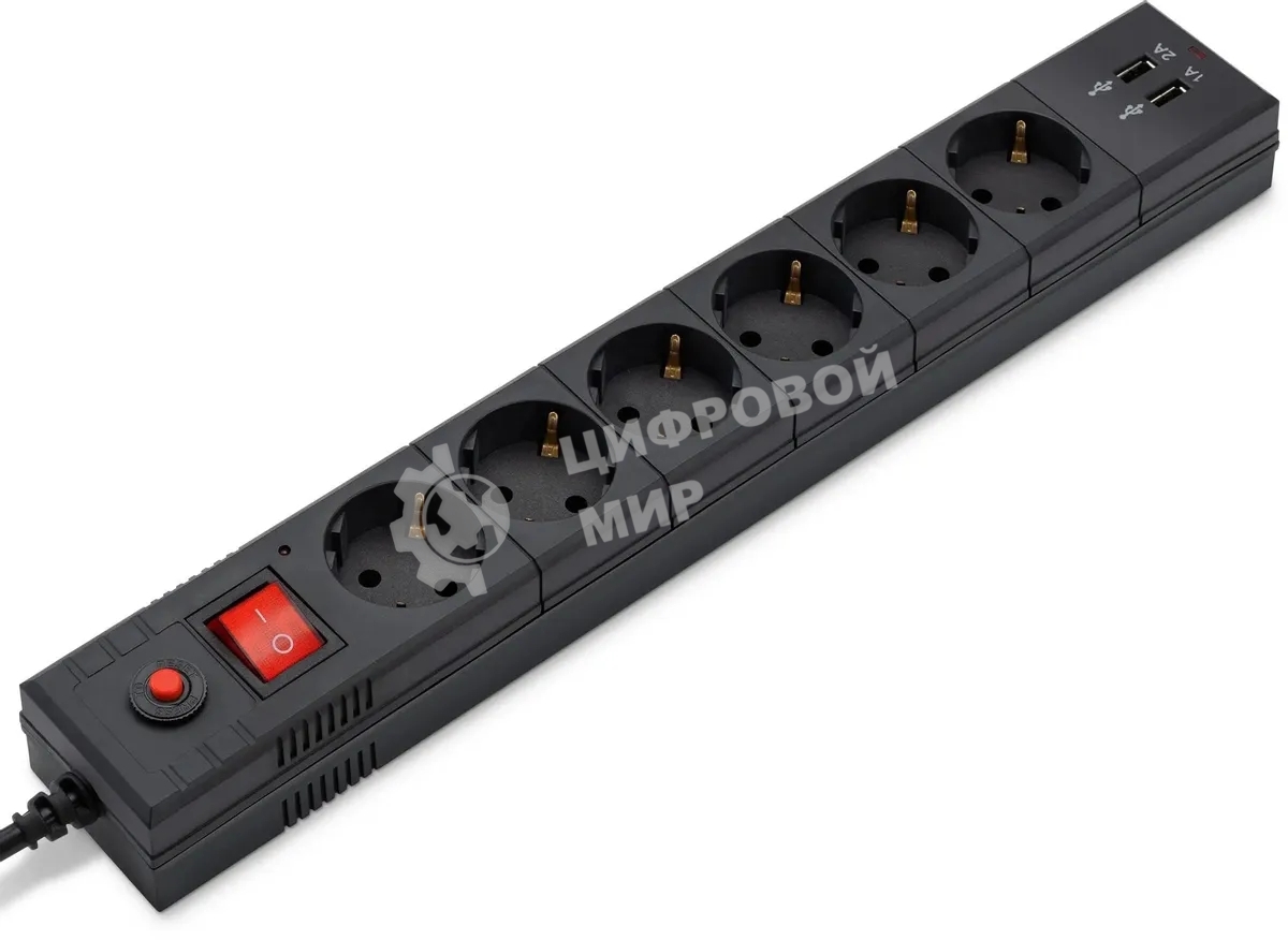 Удлинитель с сетевым фильтром 6х1.8 м с заземл. 10А IP20 BU-SP1.8 USB 2A CCA 3х0.75 2USB черный BURO 992310