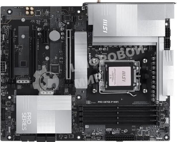 Материнская плата MSI PRO X870E-P WIFI, AM5, AMD X870E, 4xDDR5, 4xSATA, 3xM.2, 1xPCIe 5.0 x16, 1xPCIe 4.0 x4, 1xPCIe 3.0 x1, 1xHDMI, 1x5Gb LAN, Wi-Fi 7, Bluetooth 5.4, 1xUSB-C 20Gbps, 1xThunderbolt 4, 2xUSB-A 10Gbps, 2xUSB-A 5Gbps, 4xUSB-A 2.0, 3x3.5 мм, 7.1, ATX