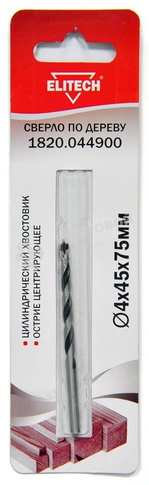 Сверло Elitech 1820.044900 по дереву Д=4 мм Дл=75 мм (1 пред.) для дрелей