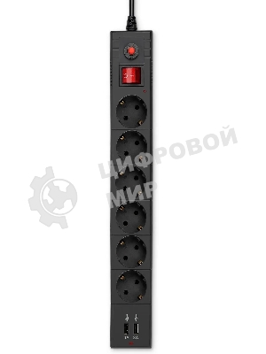 Удлинитель с сетевым фильтром 6х1.8 м с заземл. 10А IP20 BU-SP1.8 USB 2A CCA 3х0.75 2USB черный BURO 992310