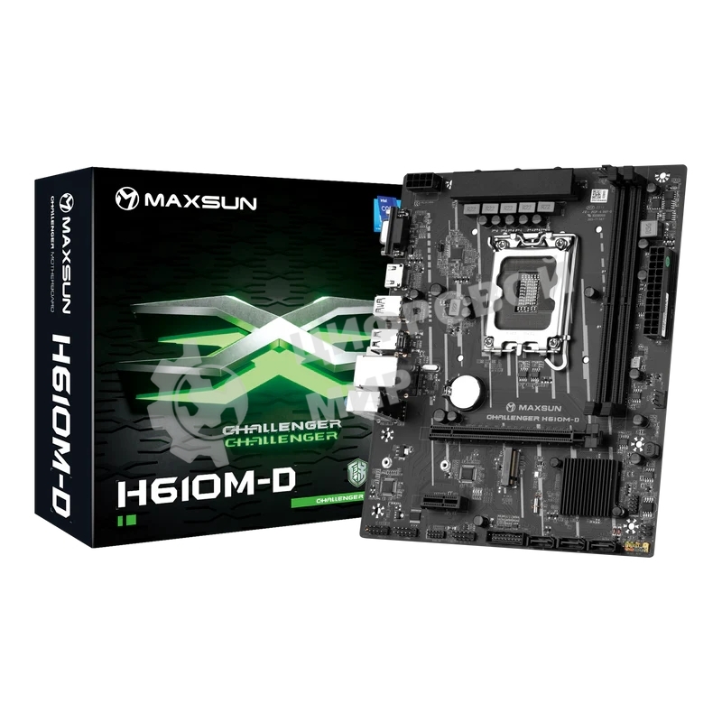 Материнская плата Maxsun MS-Challenger H610M-D, LGA 1700, Intel H610, 2xDDR4, 3xSATA, 1xM.2, 1xPCIe 4.0 x16, 1xPCIe x1, 1xHDMI, 1xVGA, 1x 1Gb LAN, 2xUSB 3.2 Gen 1, 4xUSB 2.0, 3x3.5 мм, 5.1, mATX