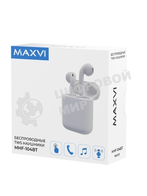 Наушники TWS Maxvi MHF-104BT белый, вкладыши, Bluetooth, сенсорное управление, до 4 ч
