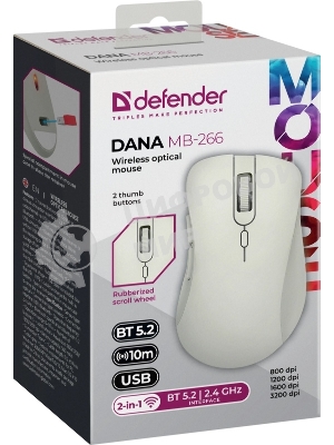 Мышь беспроводная Defender Dana MB-266 светло-серый, 3200 dpi, радиоканал, Bluetooth, USB, кнопки - 6