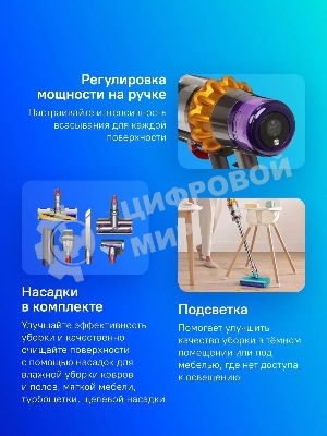 Пылесос вертикальный Dyson V15s Detect Submarine (448798-01) серый, питание от аккумулятора, 240 Вт, уборка влажная/сухая, пылесборник 0,76 л, работа от АКБ max 60 мин.
