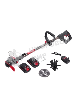 Триммер аккумуляторный Победа ТА 202, 20/21В, с 2 акб 1,5Ач и зу, макс 145мм, пластик. ножи (10шт) + мет. диск 40Т, телескоп