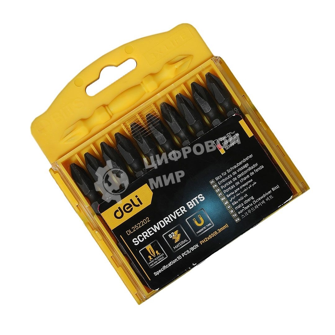 Набор двухсторонних торсионных бит для ударных шуруповертов 10 шт Deli DL252202 PH2x65мм, сталь S2, пласт.кейс