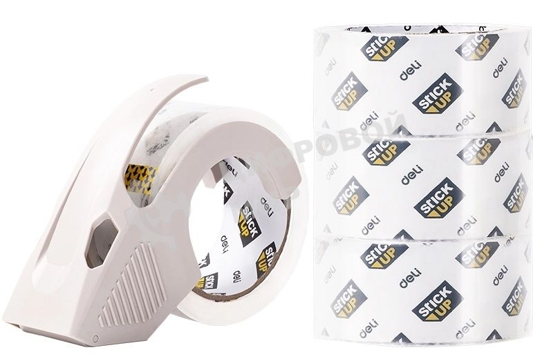 Клейкая лента канцелярская Deli EA695 супер прозрачная, ширина 48мм, длина 60м 55мкр бесшумная в коробке (упаковка: 4шт) в комплекте: диспенсер для клейкой ленты