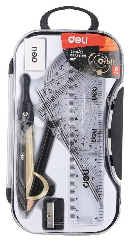 Циркуль Deli EG30404, корпус ассорти, металл, в комплекте: линейка/транспортир/2 угольника/карандаш/ластик/точилка
