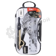 Циркуль Deli EG30404, корпус ассорти, металл, в комплекте: линейка/транспортир/2 угольника/карандаш/ластик/точилка