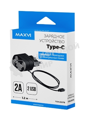 Сетевое зарядное устройство Maxvi TCM-202TB, 2xUSB, 5V, 2A, Type-C