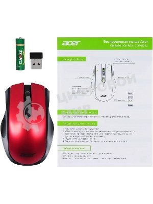 Мышь беспроводная Acer OMR032 черный/красный, 1600 dpi, радиоканал, USB, кнопки - 4