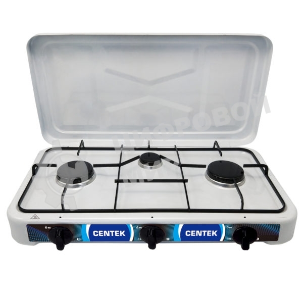 Плита настольная газовая Centek CT-1522 белый, 1.7 кВт, газ, конфорки - 3, эмаль, поворотные переключатели