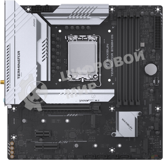 Материнская плата Maxsun Terminator B760M D5 WIFI, LGA 1700, Intel B760, 4xDDR5, 4xSATA, 3xM.2, 1xPCIe 5.0 x16, 1xPCIe x4, 1xPCIe x1, 1xHDMI, 1xDP, 1x 2.5Gb LAN, 6xUSB 2.0, 2xUSB 3.2 Gen 2, 3x3.5 мм, 5.1, mATX