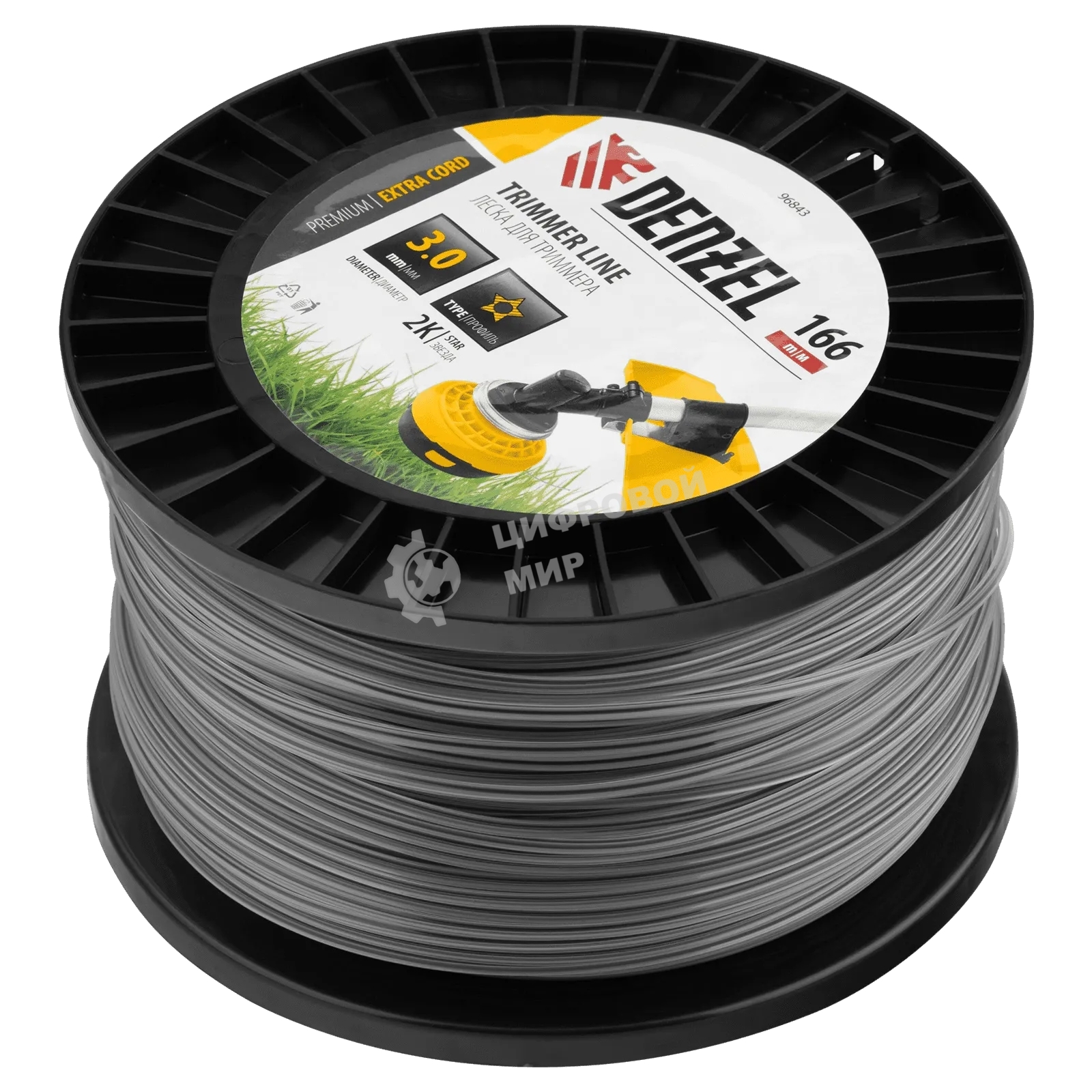 Леска для триммера Denzel двухкомпонентная звезда, 3,0 мм х 166 м, на DIN катушке EXTRA CORD