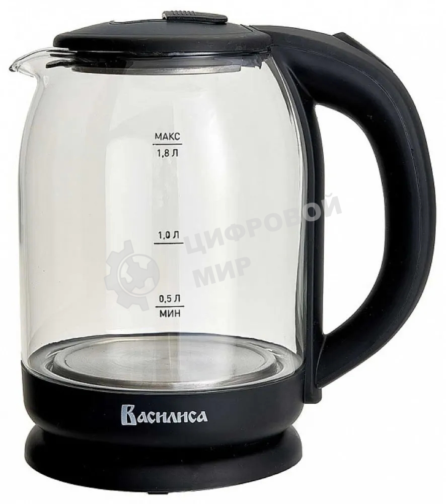Чайник электрический ВАСИЛИСА ВА-1034 стекло, черный, 1.8 л, 1500 Вт