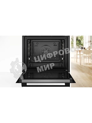 Встраиваемый духовой шкаф Bosch, Serie 4, Auto Pilot 10, объем 71 л, 7 режимов нагрева, 4D Hotair, телескопические направляющие 1уровень,пиролиз, сенсорное управление, черный+профиль из нерж. стали