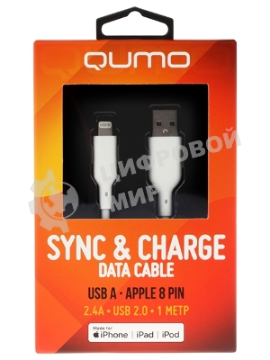 Кабель QUMO, MFI С48, USB-A на Apple 8 pin, силиконовый, 1м, 2,4A, 5V, 12W (белый)