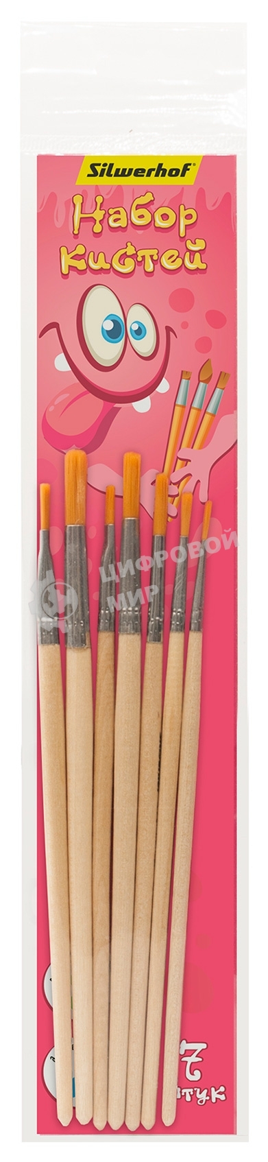 Набор кистей Silwerhof Монстрики (набор 7шт) синтетика круглая №1-5/плоская № 4,6 деревянная, лакированная ручка