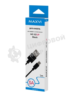 Кабель Maxvi MC-02 UP black USB-A - Type-C, 3A ток макс. нагрузки 3А, макс. напряжение 5V, длина кабеля 1м, материал PVC, черный