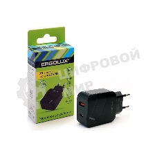 Сетевое зарядное устройство Ergolux ELX-РA01QC-C02 1USB+1Type C 100-220В 5-9В/3А QC коробка черный Ergolux