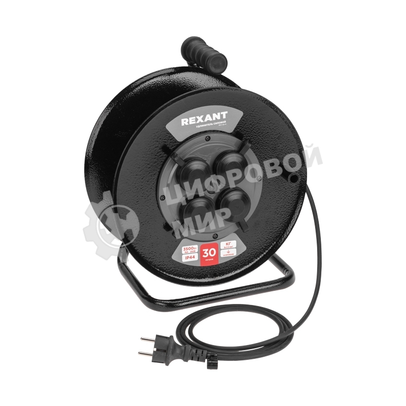 Удлинитель силовой Rexant КГ на катушке 4 гнезда, с/з, 30 м, 3х1,5 мм², IP44 c защитными крышками, металлическая катушка