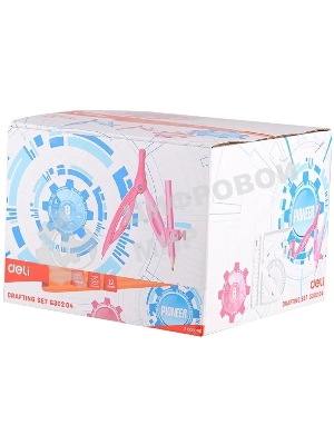 Циркуль Deli EG30204, корпус ассорти, пластик, в комплекте: линейка/транспортир/2 угольника/карандаш/ластик/точилка