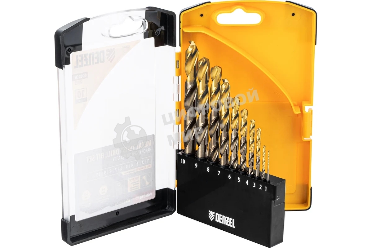 Набор сверл по металлу Denzel 1-10 мм, Р6М5К8-TiN, Golden Tip, 10 шт