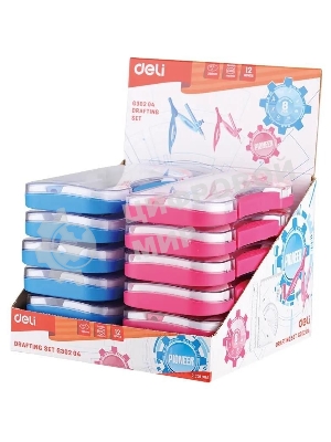 Циркуль Deli EG30204, корпус ассорти, пластик, в комплекте: линейка/транспортир/2 угольника/карандаш/ластик/точилка