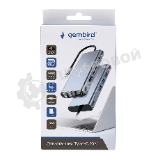 Концентратор USB Type-C Gembird UHB-D4, 10в1: 3xUSB3.1, Type-C PD87W, Jack 3.5, SD/TF, HDMI, RJ45, VGA, кабель 15 см, алюминий