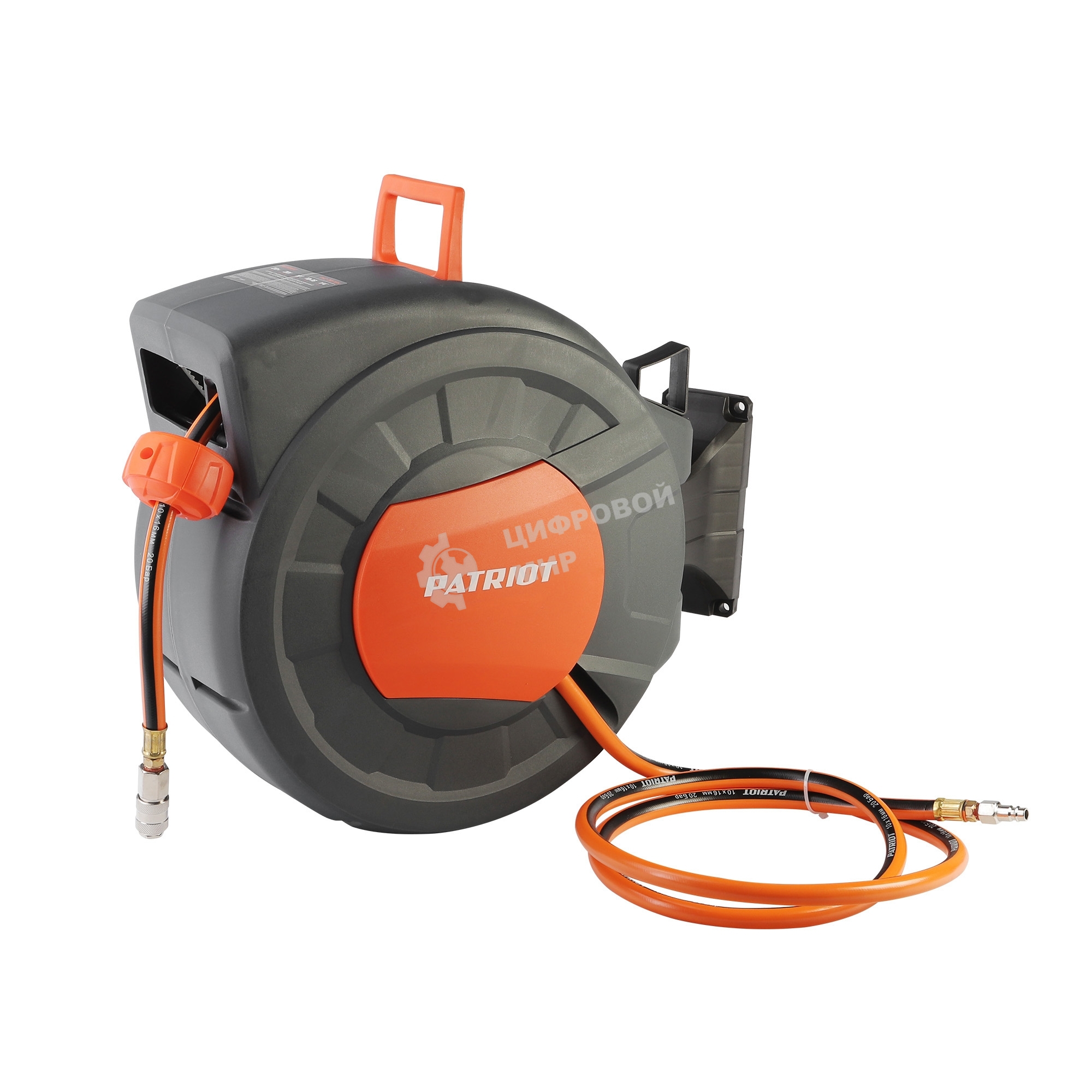 Шланг Patriot 520002440 пневматический армированный на автоматической катушке PHC 15/16H (прямой, гибрид , длина 15 м, диаметр 10х16, раб/макс давление  20/60 бар, мин/макс температура -5/45С, быстросъем рапид, резьба 1/4