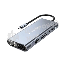 Концентратор USB Type-C Gembird UHB-D4, 10в1: 3xUSB3.1, Type-C PD87W, Jack 3.5, SD/TF, HDMI, RJ45, VGA, кабель 15 см, алюминий